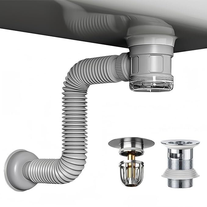 Bathroom Sink Drain Kit with Flexible Expandable Pipe: Odor-Free & Backflow-Preventing, Space-Saving Design without a P-trap, For 1-1/4'' & 1-1/2'' Drain Hole (Chrome, With Overflow)