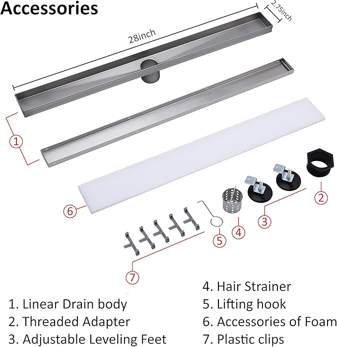 28 inch Linear Shower Drain with Removable Square Hole Panel by Using Brushed 304 Stainless Steel Process, Linear Drain Equipped with Adjustable Feet and Hair Strainer