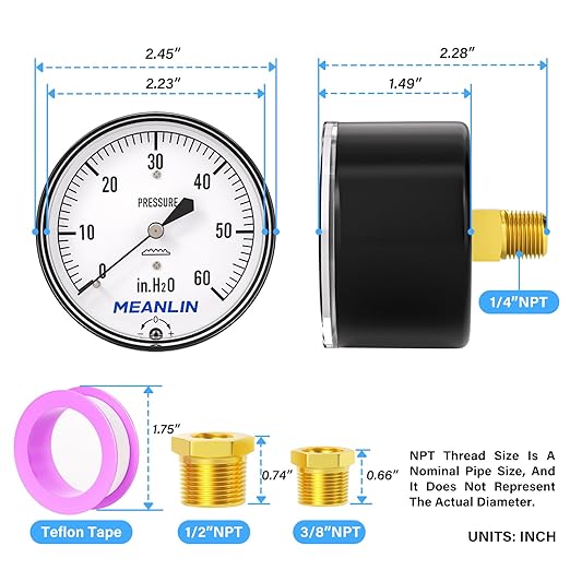 MEANLIN MEASURE 0-60 in H2O Diaphragm Type Capsule Low Pressure Gauge 1/4" NPT 2-1/4" FACE DIAL Adjustable Water Column Gauge, with 1/2" NPT and 3/8" NPT Hex Bushing, Back Mount