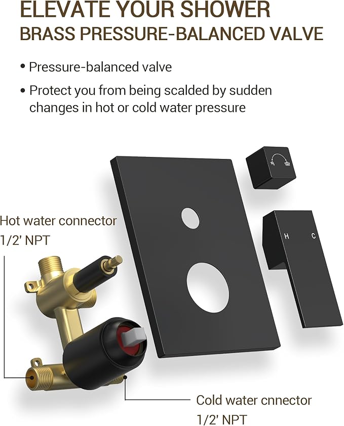 Upgraded Shower System for Bathroom: Aposhion 12 Inch Square Rainfall Shower Faucet Set Rough-in Pressure-balanced Valve with Handheld Sprayer, Wall Mounted Luxury Rain Shower Faucet Kit Complete