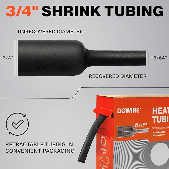 Heat Shrink Tubing 3/4" - Adhesive Lined - 3:1 Ratio - Waterproof Marine Grade Shrink Tube - Wire Shrink Wrap Tubing - Black - 13 Feet