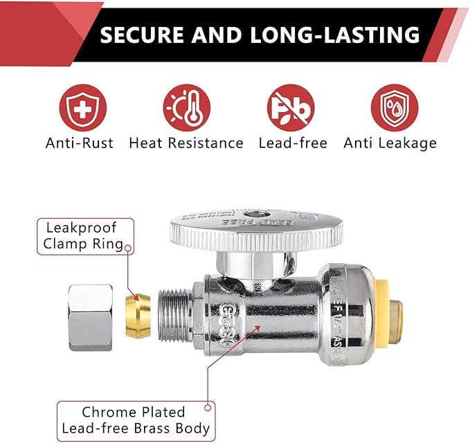(Pack of 20) EFIELD Push Fit 1/4 Turn Straight Stop Valve Water Shut Off 1/2 Push x 3/8 Inch Compression Chrome with a Disconnect Clip,(PF-VALVE021-20PCS)