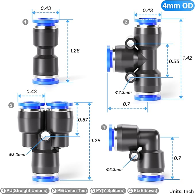 TAILONZ PNEUMATIC 5/32 inch or 4mm od Push to Connect Fittings Pneumatic Fittings Kit 10 Spliters+10 Elbows+10 tee+10 Straight (40 pcs)