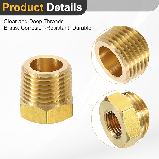 uxcell 2Pcs 3/8 NPT Male x 1/8NPT Female Brass Reducer Hex Bushing Threaded Pipe Fitting, Brass Threaded Pipe Fitting Adapter for Water, Gas, Oil Pipeline Systems