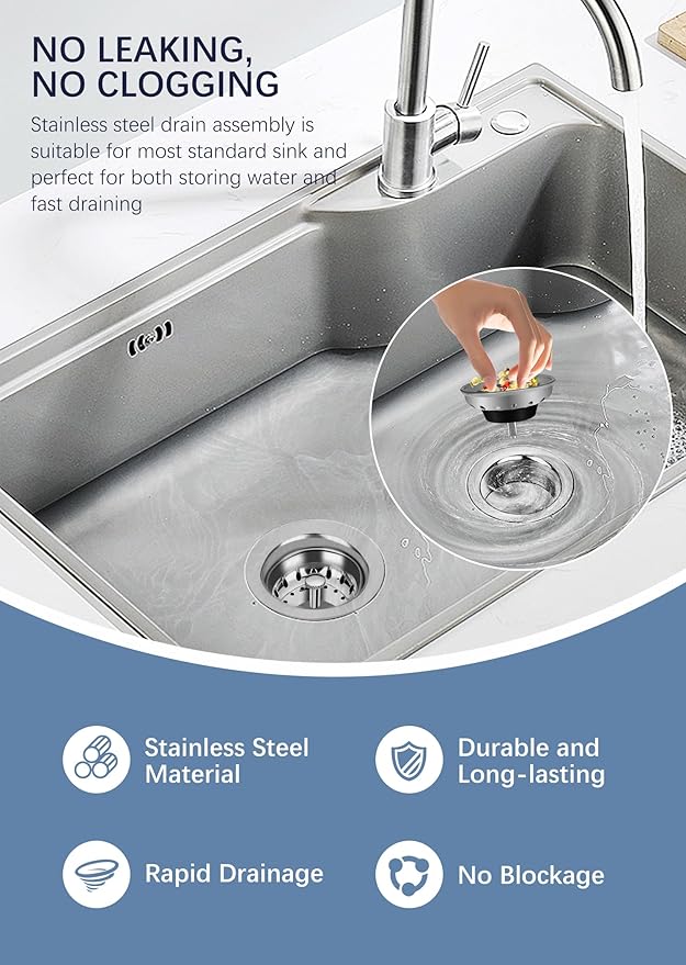 Stainless Steel Commercial Kitchen Sink Drain Assembly for Restaurant Kitchen Sink, 3-1/2 inch Kitchen Sink Drain Kit with Strainer and Stopper, Rustproof and Leakproof