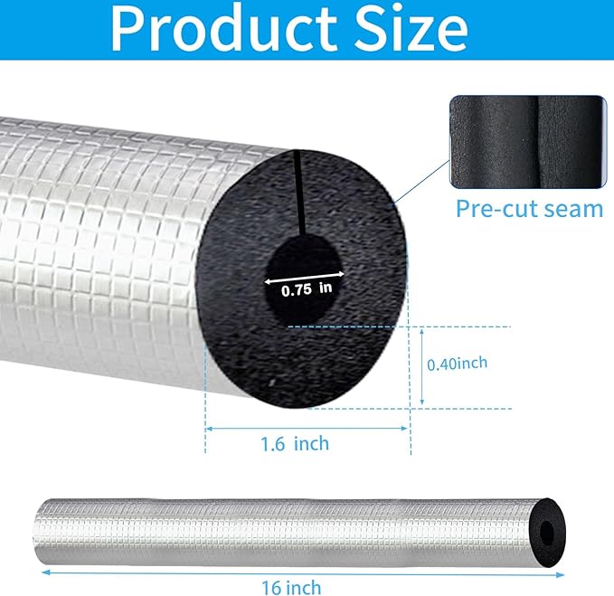 3/4 " ID Pipe Insulation Foam Tube Self Adhesive 16 " L Peel and Stick Pipe Insulation Foam Wrap Aluminum Foil Pipe Covers for Spigot, Winter Outside Pipes, Sprinkler 20 PC