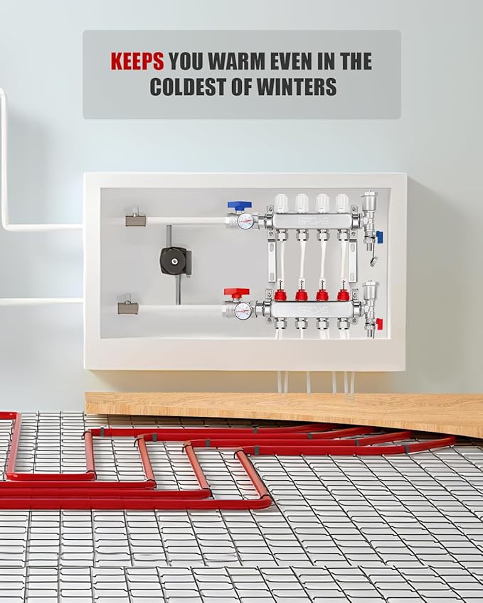 4-Branch PEX Radiant Floor Heating Manifold Kit 4 Loop Hydronic Radiant Floor Heating Stainless Steel, for 1/2 inch PEX Tubing