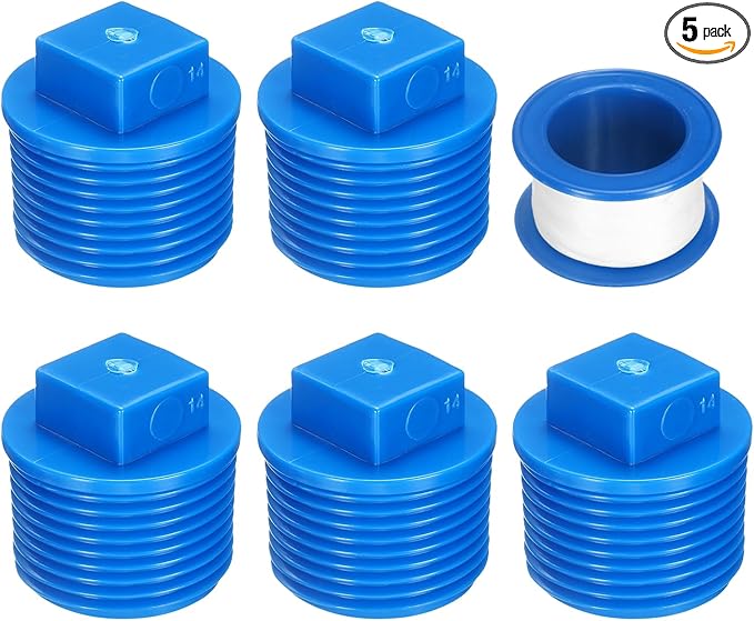 uxcell 5Pcs 3/4 Inch PT Male Thread PVC Pipe Fitting Plug, Cleanout Plugs, Water Drain End Caps Coupling Adapter with Tape for Water Heater Supply Lines, Plumbing, Blue