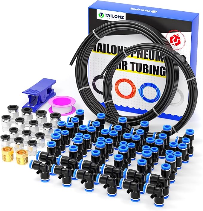 TAILONZ PNEUMATIC Black 1/4''OD 3/8''OD 10 Meter 32.8ft PU Polyurethane Air Tubing Kit Pipe Hose Air Line Tubing Air Hose Fittings Push to Connect Fittings(68PCS)