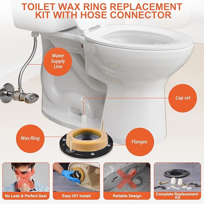 Toilet Wax Ring Replacement Kit with Flange & 16" Water Supply Line (7/8 in. Ballcock x 3/8 in. Comp) – Toilet Installation Kit, 3"/4" Drain Compatible, Toilet Flange Repair Kit