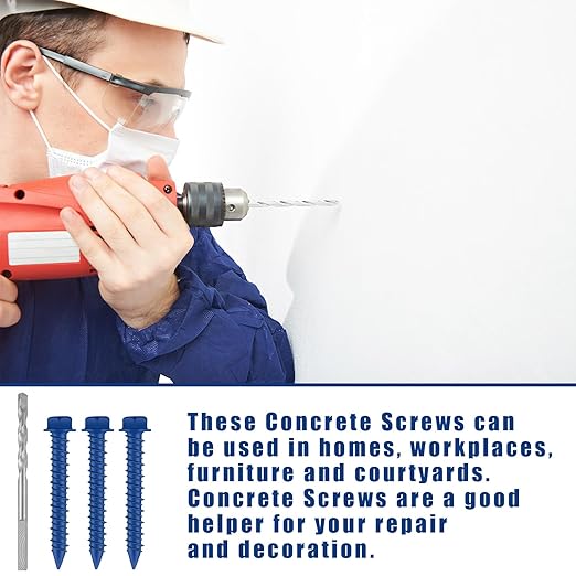 200 Qty 1/4" x 1-3/4" Hex Head Concrete Screws Anchor with Drill Bits Blue Slotted Hex Screws for Anchor Masonry, Block, Brick, Cement, Stucco, Diamond Point and Wood Fastening