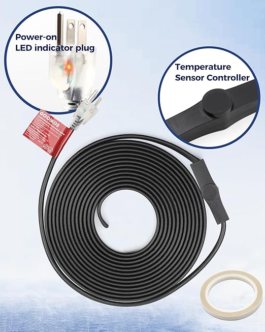 60FT Heat Tape for Water Pipes Electric Heat Tape for Water Pipe Freeze Protection, Heat Cable for Water Pipes Self-Regulating Heating Cable for Metal and Plastic Pipes, 8W/FT, 120V