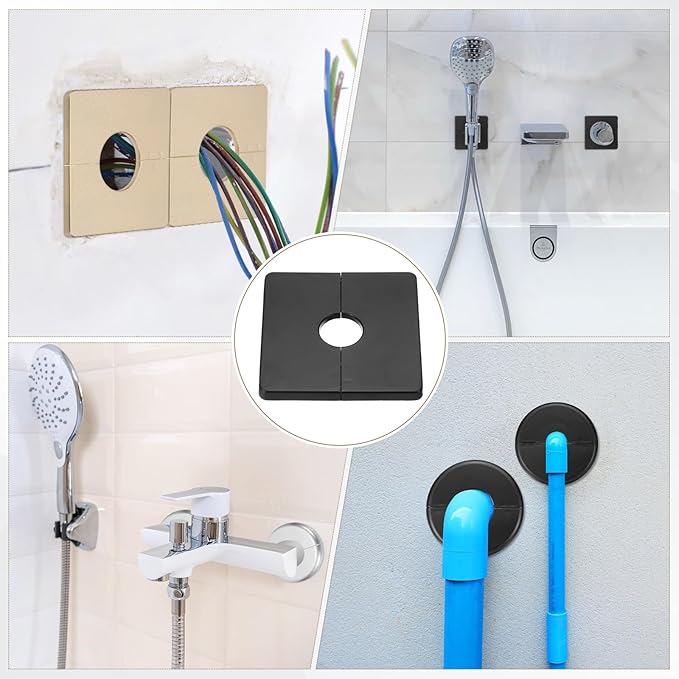 PATIKIL Wall Split Flange 86mm / 3.4" OD, 4 Pcs Square Escutcheon Plate Cover PPR Plumbing Cover Plates with Self-Adhesive Tape for 22mm / 0.9" Dia Water Pipe Faucet, Black
