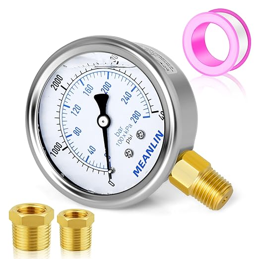 MEANLIN MEASURE 0~4000Psi Stainless Steel 1/4" NPT 2.5" FACE DIAL Liquid Filled Pressure Gauge WOG Water Oil Air Lower Mount, with 1/4" x 1/2" NPT and 1/4" x 3/8" NPT Hex Bushing