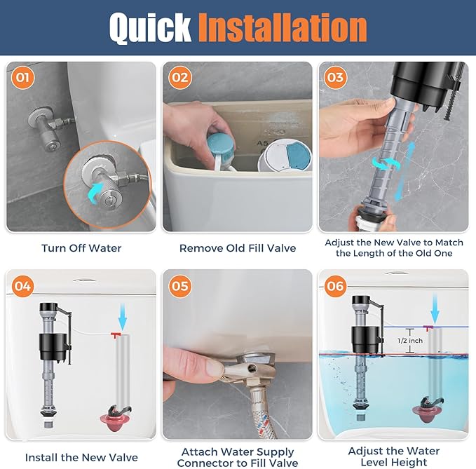 Universal Toilet Fill Valve Replacement Kit, Toilet Repair Kit Inside Tank, Height Adjustable & Water-Saving, Quiet & Anti-Siphon, Easy to Install (3-Pack)