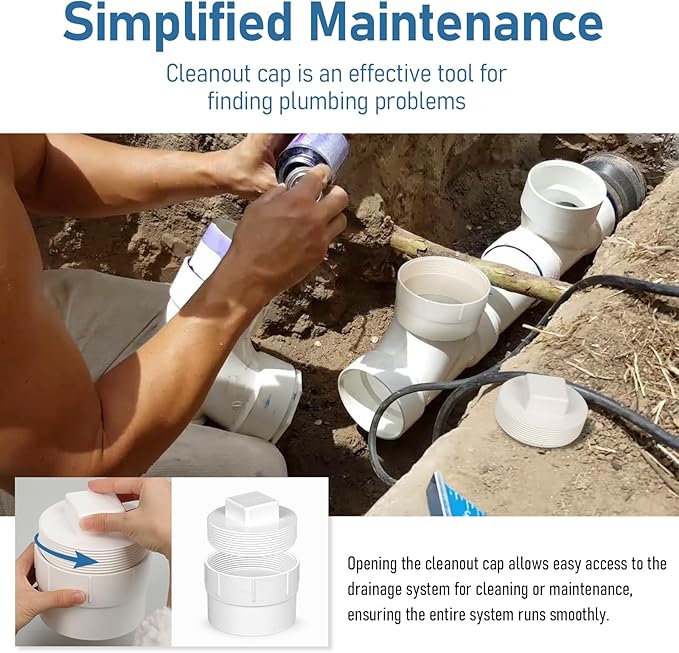 6“ PVC Sewer Cleanout Adapter with Plug - Efficient Drainage Solution for Piping Systems, PVC DWV Flush Sewer Cleanout Cap for Drainage Piping System