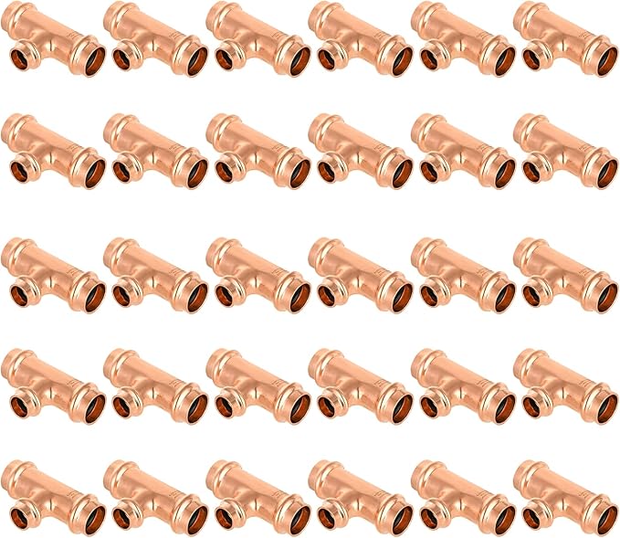 30-Pack GUOFIS Copper Press Tee,3/4" x 3/4"x 1/2" Tee Fittings for Copper Tube Connection with Stop(PRESS018-30Pack)