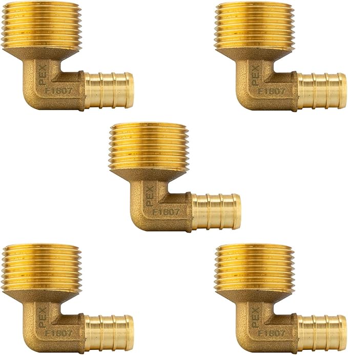 (Pack of 5) EFIELD Pex 1/2"x 3/4" Male Threaded NPT Elbow Brass Crimp Fittings,(PEX1807103-5PCS)