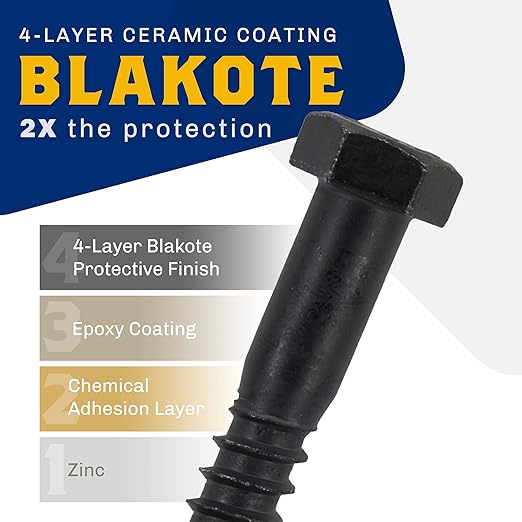 1/2" x 4”, 25-Piece Black Lag Bolts, Rustproof 4-Layer Ceramic BLAKOTE, 2X Protection of Galvanized Lag Screws, for Decks Pergolas by Makers Bolt