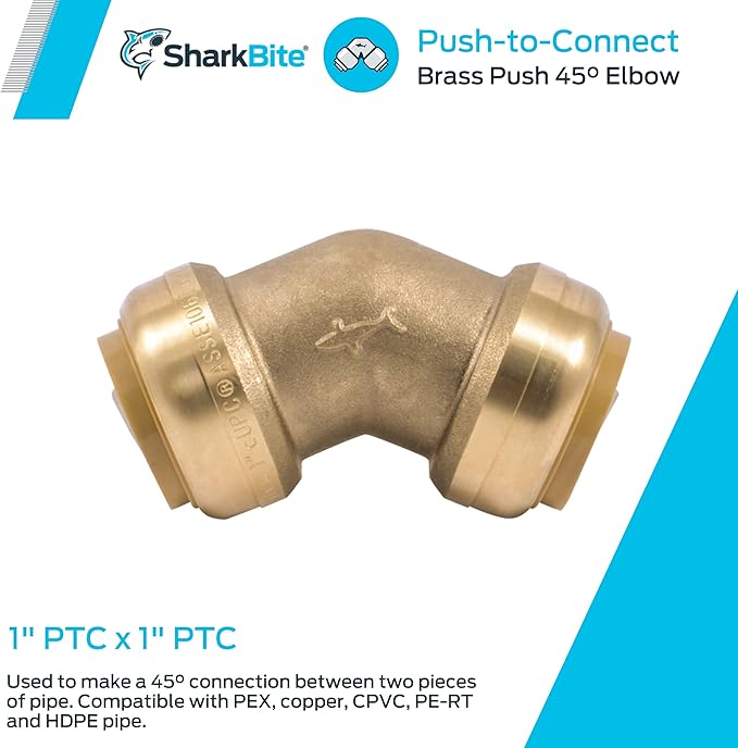 SharkBite 1 Inch 45 Degree Elbow, Push to Connect Brass Plumbing Fitting, PEX Pipe, Copper, CPVC, PE-RT, HDPE, U660LFA