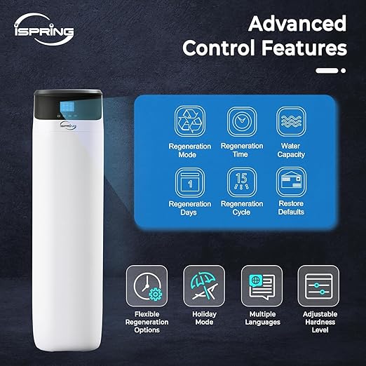 iSpring Whole House Water Softener System, 50,000 Grain High Capacity Removes Hardness with Automatic Backwash and Low Salt Alarm, Hardness & Scale Reduction in House and Commercial Water Use, WCS50KG