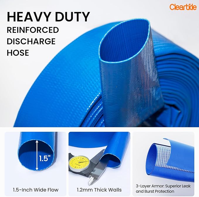 Cleartide Pool Backwash Drain Hose with Camlock Fittings, 1-1/2" x 25ft Heavy Duty Reinforced Blue PVC Lay Flat Discharge Hose for Pump, Pool Drainage, Includes 125F Adapter & Stainless Steel Clamp