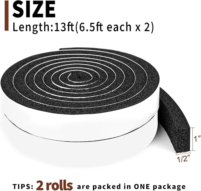 Yotache Maximum Compression Sponge 1" x1/2", Rubber Foam Strip Adhesive for Insulation, Weatherstrip, Gap Blocker, Anti-Vibration, Anti-Collision, 6.5 Feet Long 2Pcs