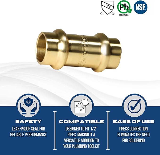 XFITTING 1/2 inch x 1/2 inch Press Coupling, Brass, 10 Pieces