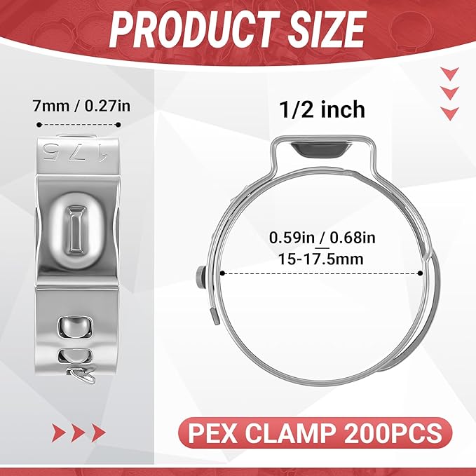 200 Pcs 1/2 Inch PEX Cinch Clamps, 304 Stainless Steel Crimp Rings Single Ear Hose Clamps for PEX Tubing Pipe Fitting Connections, Silver