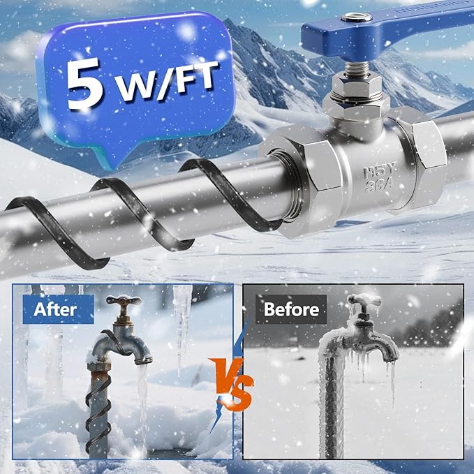 15FT（3FT-200FT） Pipe Heating Cable for Pipe Freeze Protection, Heat Cable for Water Pipes(Metal and Plastic), Pipe Heat Tape Keeps Water Flowing at -40°F 5w/ft, 120V Plumbing fixture