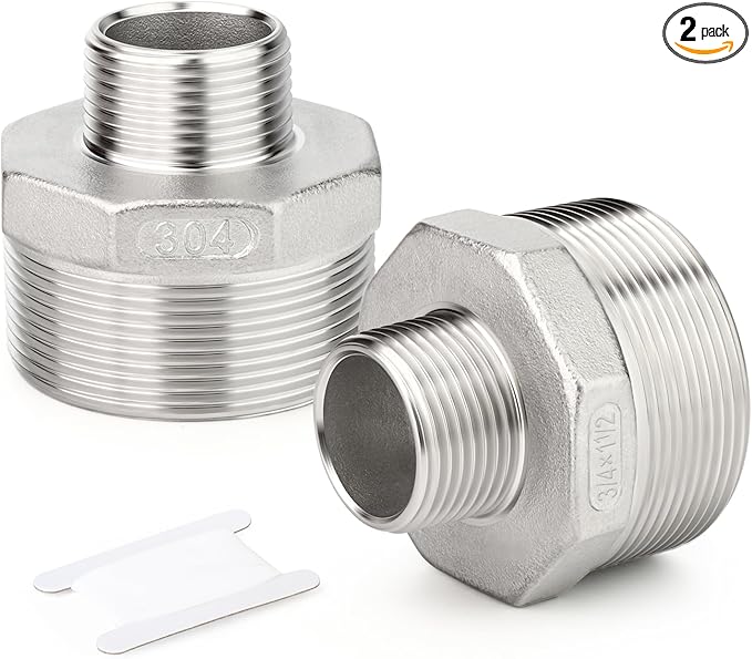 TAISHER 2PCS Cast 304 Stainless Steel Hex Nipple, Reducer Pipe Fitting 1-1/2" NPT Male x 3/4" NPT Male