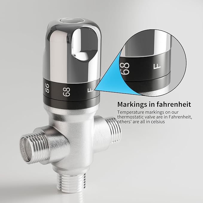 FUGO 1/2 NPT Thermostatic Mixing Valve,Water Mixing Valve with 1/2 NPT Male Connections,Solid Brass,Chrome