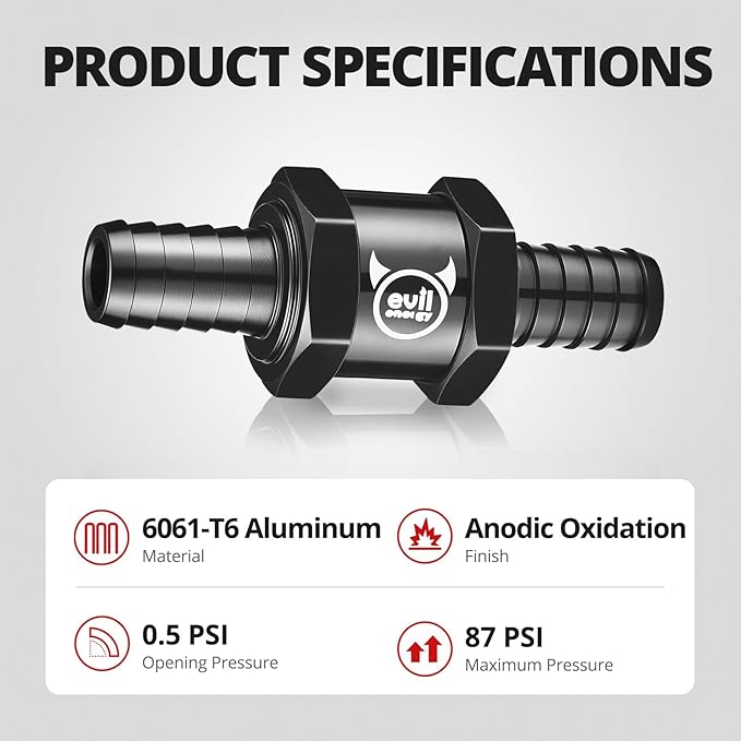 EVIL ENERGY 3/8" (10mm) Check Valve, 2 Pcs Aluminum One Way Fuel Check Valve for Gasoline, Diesel & Coolant with Universal Hose Clamps, Black