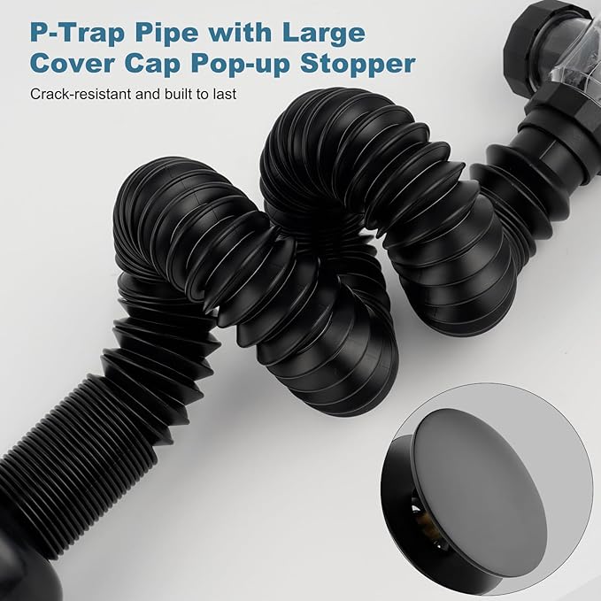 iFealClear Bathroom Sink Drain Kit, Flexible P-Trap Drain Pipe with Pop Up Stopper, Sink Pipe Replacement with 2 Adapters, Fits 1-1/4'', 1-1/2'', 2" Holes, Big Cover Cap, Brass Bounce Core, Black