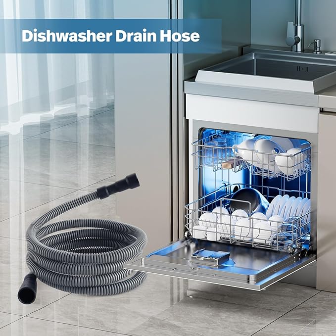Dishwasher Drain Hose, 6 FT Corrugated & Flexible Dishwasher Hose Drain Replacement with Clamps, Discharge Hose,Fits 11/16",1",1-1/8" Dishwasher End (Feet, 6)
