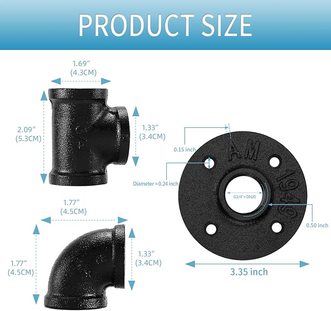 3/4" Black Floor Flange/Elbow/Tee Combo, 40 Pack Threaded Pipe Fitting for Industrial vintage style, DIY Project/Furniture/Shelving Decoration (40, Black, 3/4 Inch)