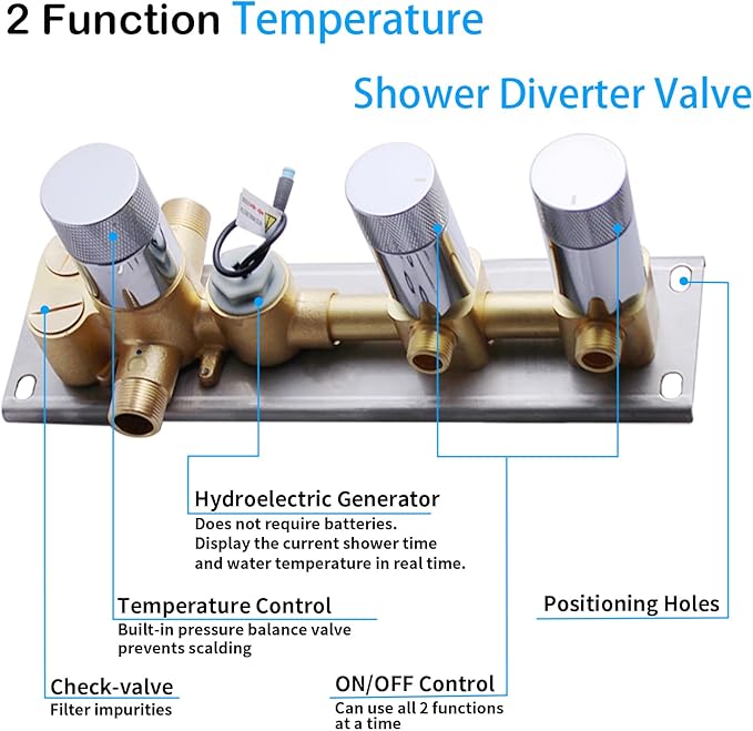 2 Function Shower Diverter with Temperature Display Solid Brass Shower Mixer Valve Pressure Balancing and Flow Control Bathroom Shower Diverter Valve, Chrome