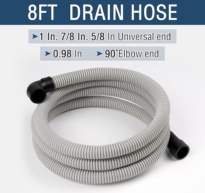 Dishwasher Drain Hose, 1Plusselect 8FT Universal Replacement Discharge Dishwasher Extension Fit 5/8 Inch, 7/8 Inch or 1 Inch OD Drain Outlet 90 Degree Rubber Elbow for Dishwasher & Other Applications