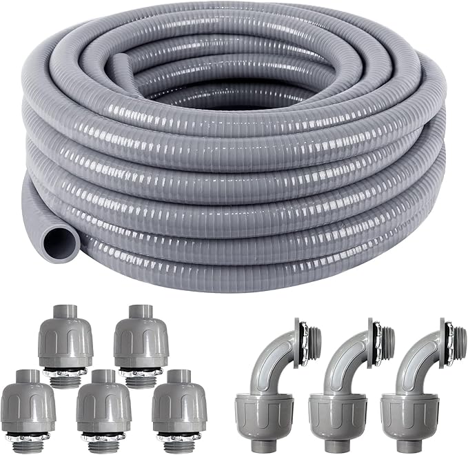 3/4 Inch 25ft Electrical Conduit Kit UL Certification,Flexible Non Metallic Liquid Tight Electrical Conduit,Flexible Metallic Conduit with 5 Straight and 3 90-Degree Conduit Connector Fittings