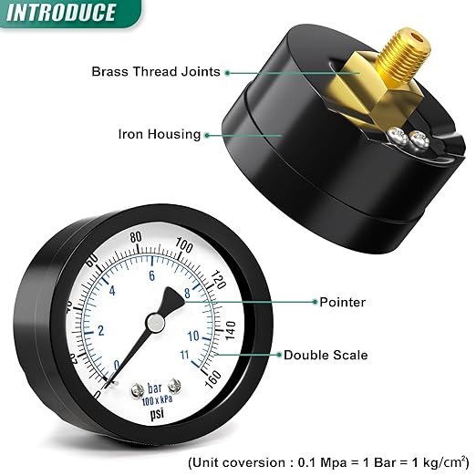 0-160PSI Well Pump Pressure Gauge 2" Dial Size, 1/8" NPT Back Mount, 3-2-3% Accuracy, for Tube, Water Pump, Gas, Liquid, Pressure Test