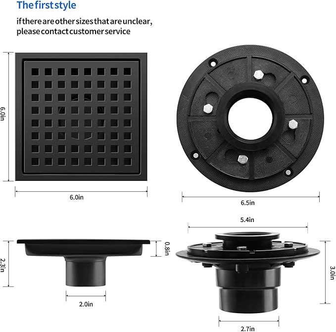 Shower Drain, Matte Black 6 inch Square Shower Floor Drain with Flange, Removeable Grid Panel SUS 304 Stainless Steel Square Shower Drain