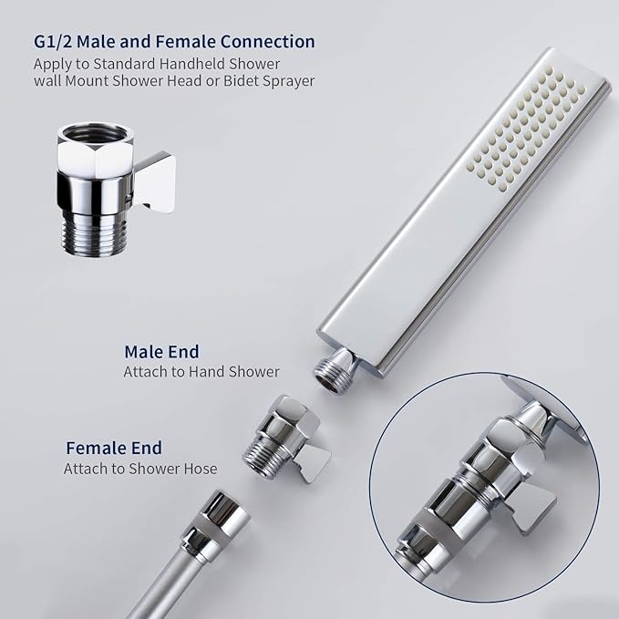 Tenfe Water Flow Control Valve for Shower Head, Brass Adjustable Water Pressure Regulator for Hand Held Shower Shut Off Valve, Polished Chrome On/off Switch G1/2 Standard Connection