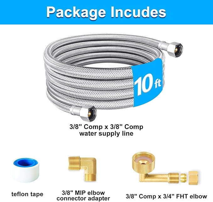 Dishwasher Installation Kit - 10 FT Premium Stainless Steel Braided Dishwasher Hose kit,Food Grade PEX Inner Tube Dishwasher Water Supply Line with 3/8"x3/8"MIP Elbow,3/8"x 3/4" FHT Elbow