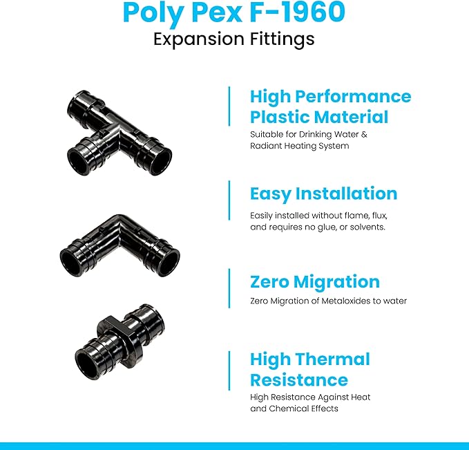 Pex A Fittings –1/2" inch Pex Fittings Set | Elbow, Tee & Coupler Kit | ASTM F1960 Certified PPSU | For Water Supply & Radiant Heating [Pack of 30]