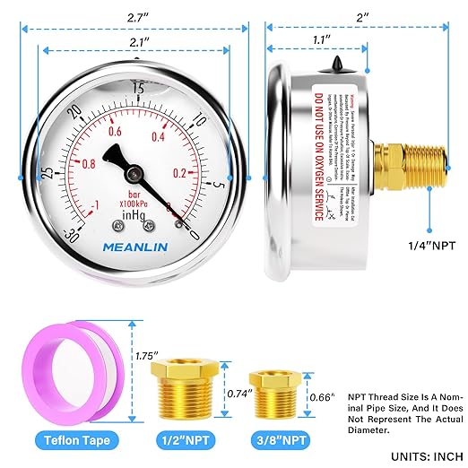 MEANLIN MEASURE -30inHG~0Psi Stainless Steel 1/4" NPT 2.5" FACE DIAL Vacuum Pressure Gauge, Center Back Mount, with 1/4" x 1/2" NPT and 1/4" x 3/8" NPT Hex Bushing