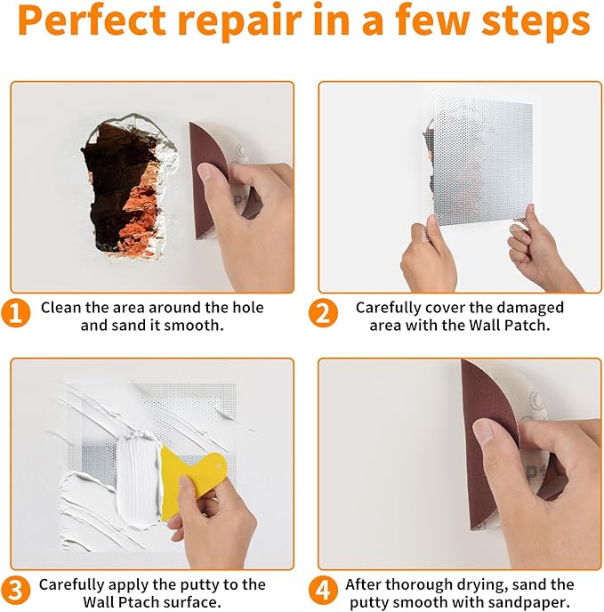 Wall Patch Drywall Repair Kit, 10 x 10 Inch, Self-Adhesive Mesh Patch, Permanently Repairs Damaged Large Walls Hole and Ceilings