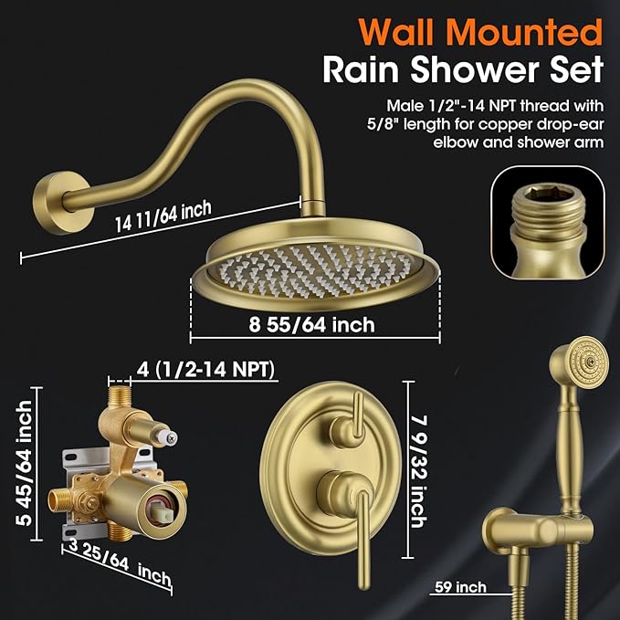 Antique Rainfall Shower System Bathroom Luxury Rain Mixer Shower Faucet Set with Pressure Balance Valve, Shower Combo Set with Rain Shower Head and Vintage Handheld Spray 9 inch Light Gold