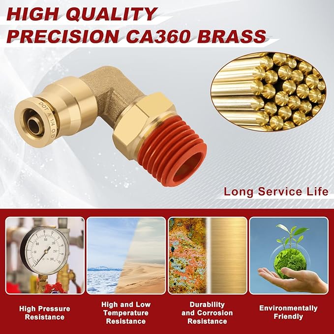 1/4" Quick Push to Connect Fittings Brass 90 Degree Union Swivel Elbow Joint DOT Approved 1/4" Tube OD x 1/4" NPT Thread Air Brake Line Adapter Air Suspension Kit for Car Truck Trailers 2pcs