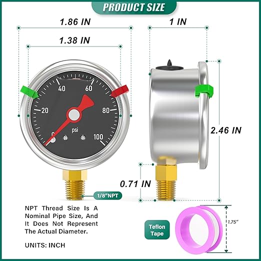0-100PSI Stainless Steel Glycerin Filled Pressure Gauge 1.5" Black Dial Size, 1/8" NPT Lower Mount, for Tube, Water Pump, Gas, Liquid, Pressure Test (with Range Mark Pointer)