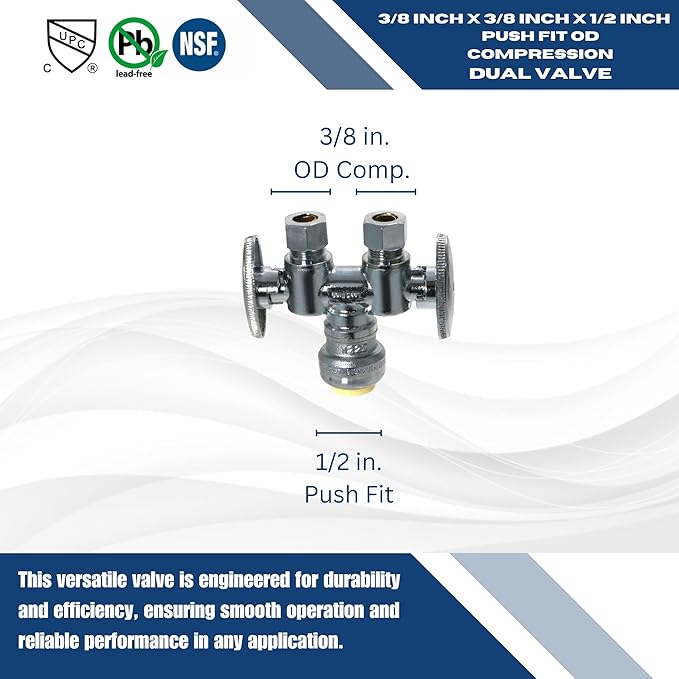 OD Compression Straight Valve - 1/2" Push Fit x Dual 3/8" ODComp. - Certified to NSD ANSI61 Standards